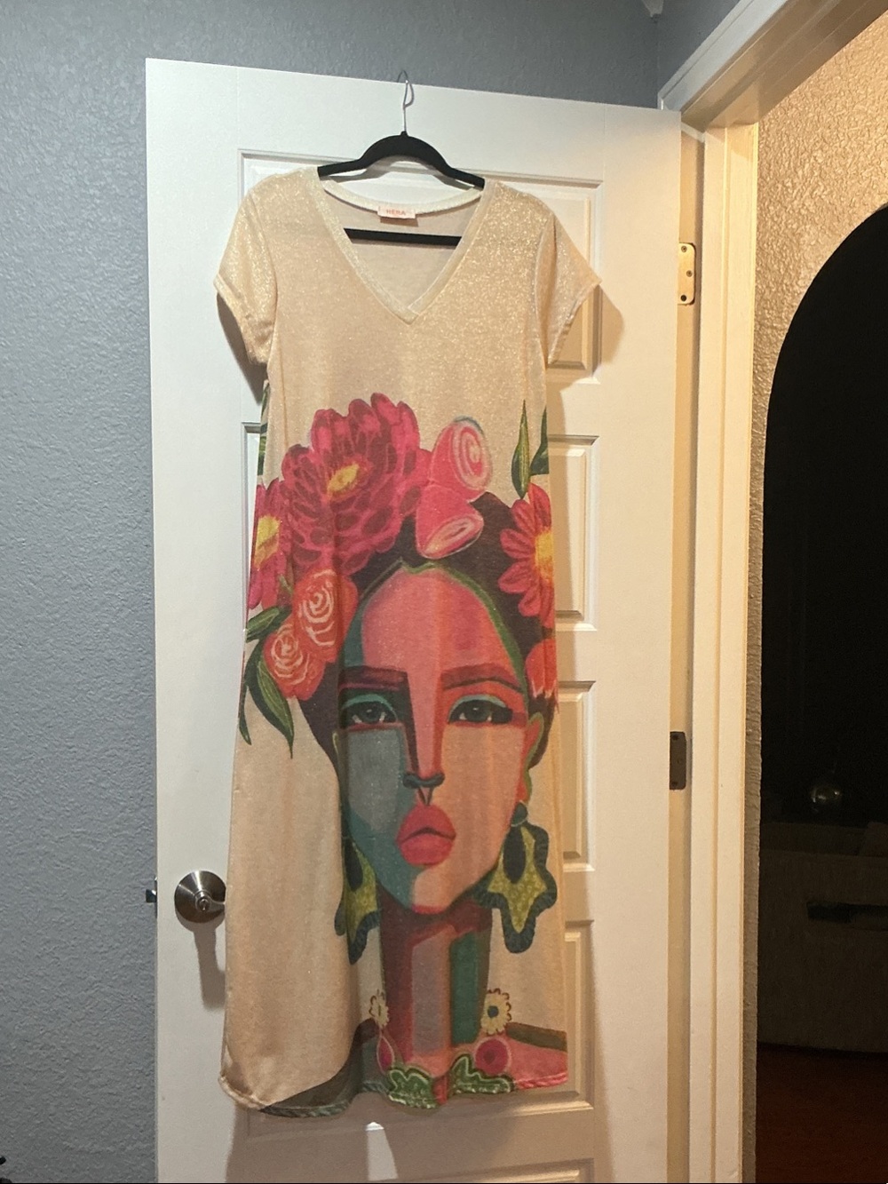 Frida Kahlo inspired Portrait V-Neck Maxi Dress with Pink & Green Accents